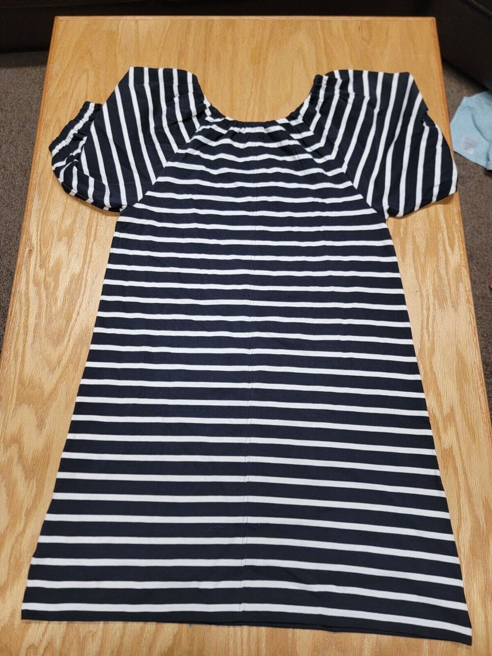 J. Crew Shift Dress Womens Small Black White Striped Knit Puff Sleeve B84
